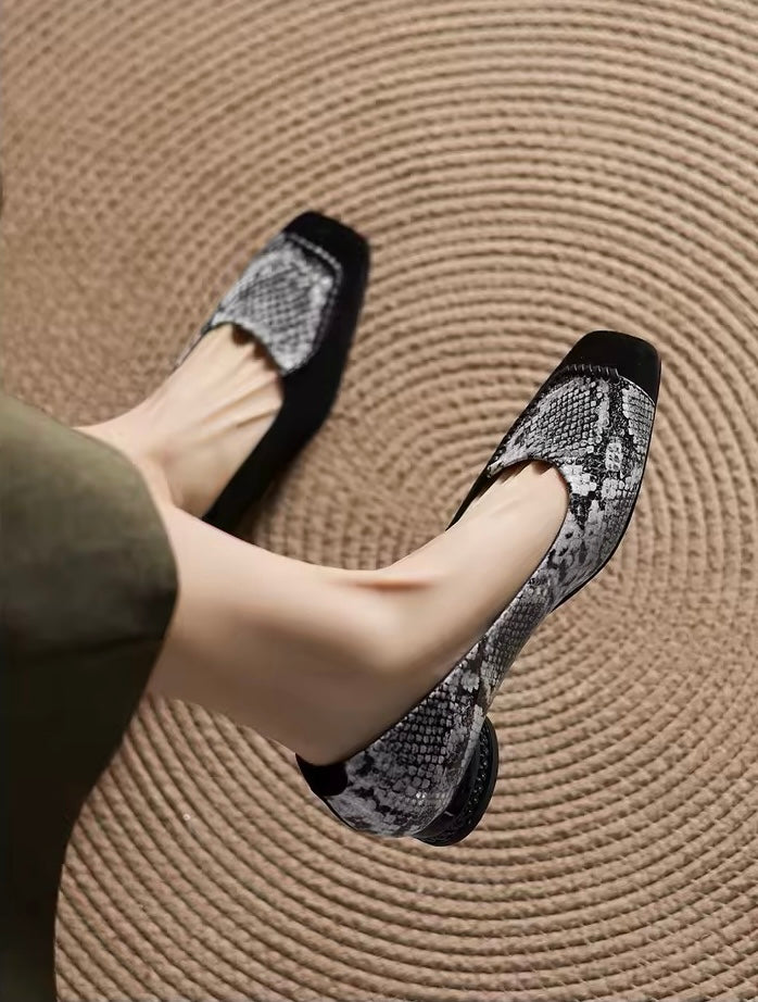 Faiz Black Snakeskin Print Square-Toe Block Heel Pumps