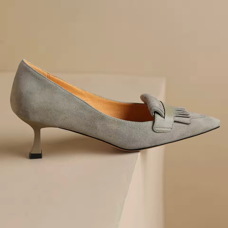 Rafi Gray Suede Vintage Kitten Heel Pumps
