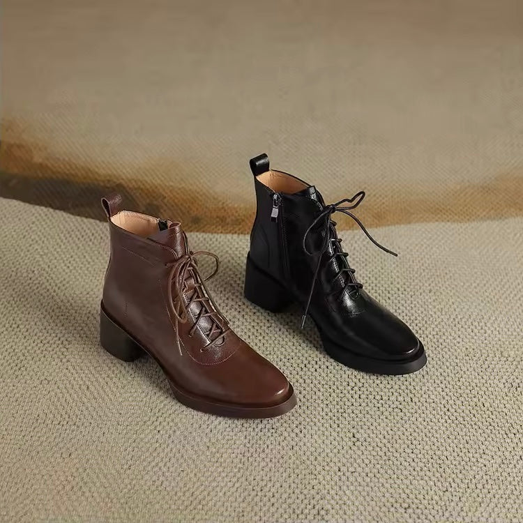 Roanna Brown Leather Lace-Up Block Heel Ankle Boots