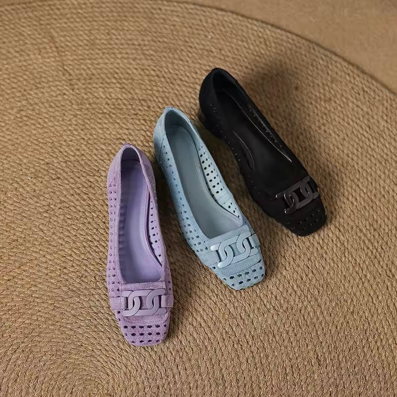 Isa Lavender Block Heel Perforated Suede Pumps