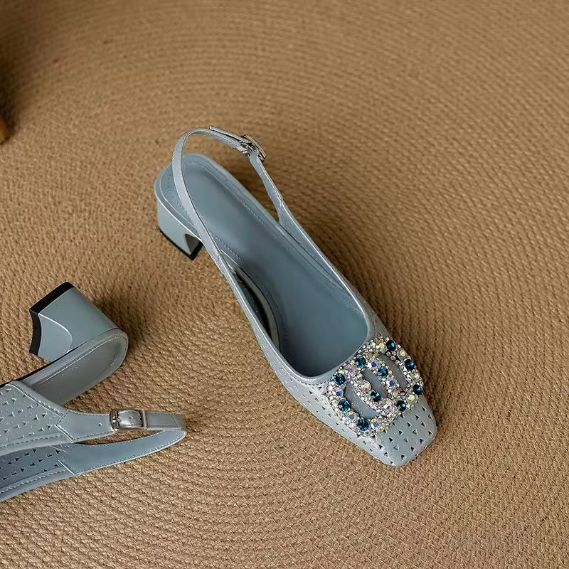 Amita Blue Perforated Crystal-Encrusted Slingback Sandals