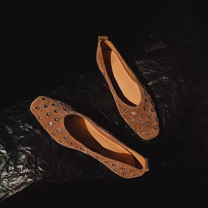 Chloe Brown Leather Grommet High Vamp Ballet Flats