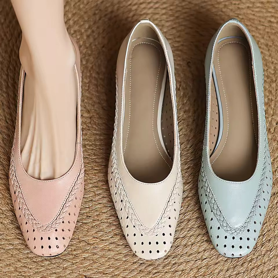 Alice Pink Leather Braided Trim Chunky Low Heel Pumps