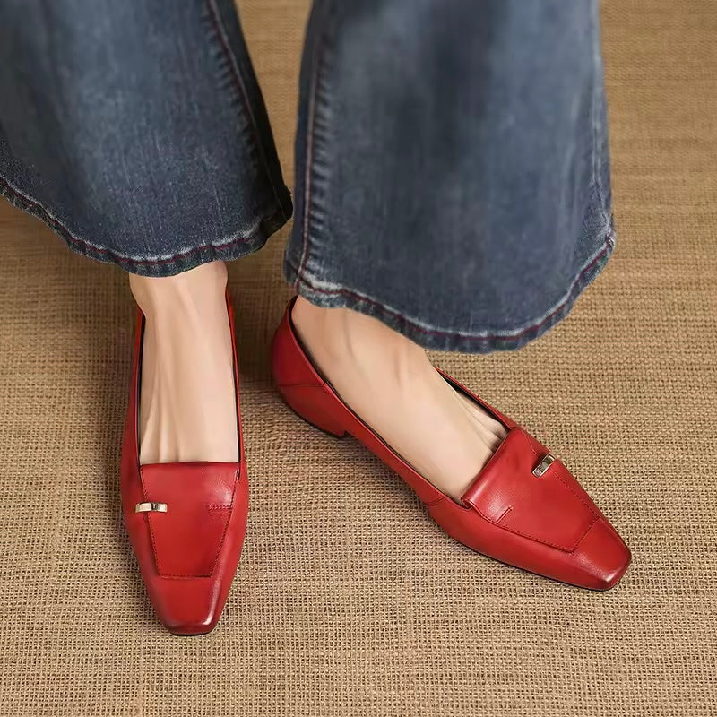 Heloise Red Genuine Leather Square Toe Pumps