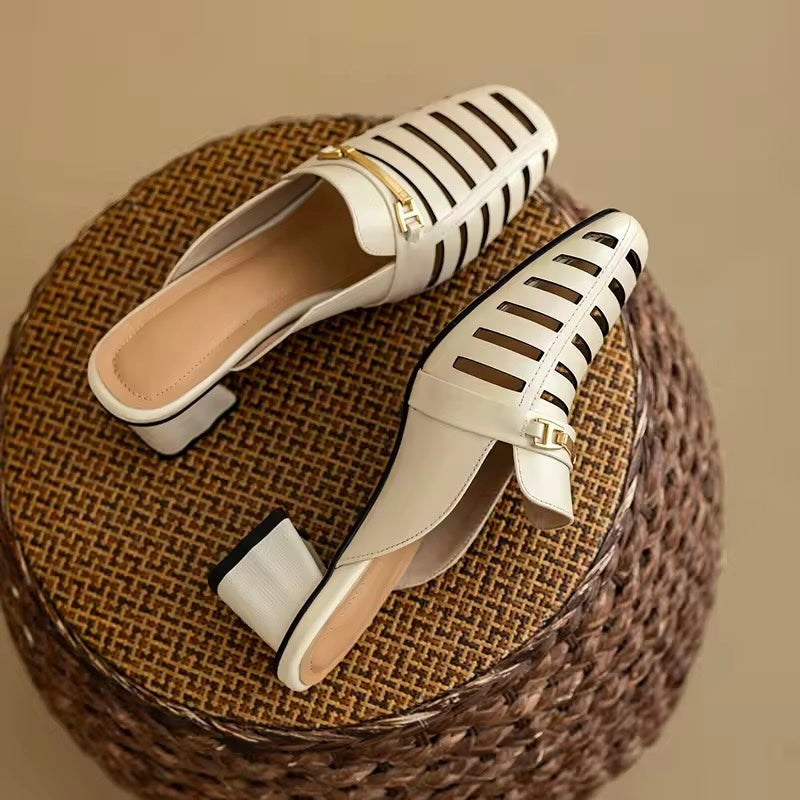Mercy White Cut-Out Mid Height Block Heel Mules
