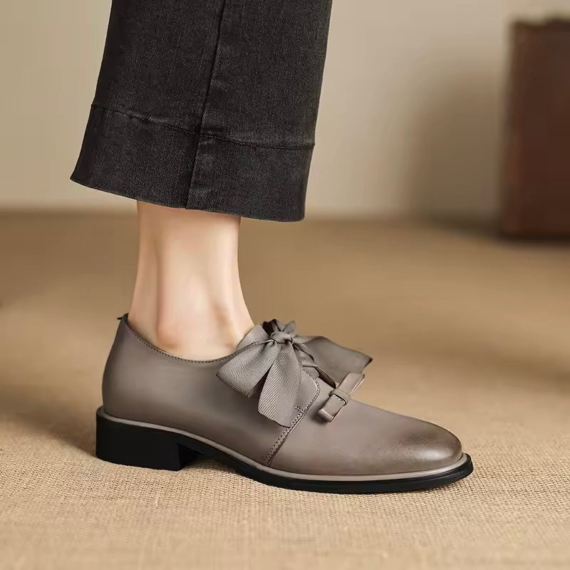 Tasha Grey Leather Ribbon Bow Accent Loafers