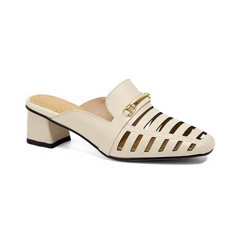 Mercy White Cut-Out Mid Height Block Heel Mules