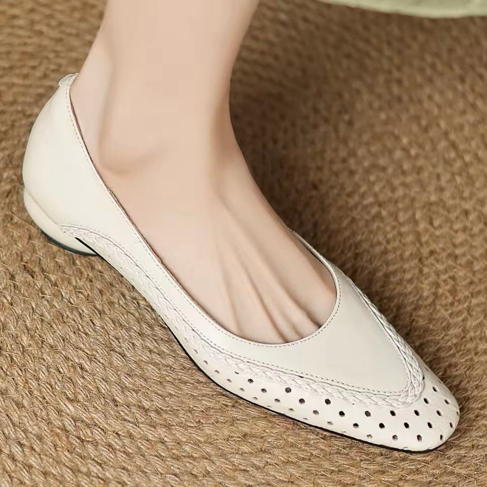 Alice Cream-white Leather Braided Trim Chunky Low Heel Pumps