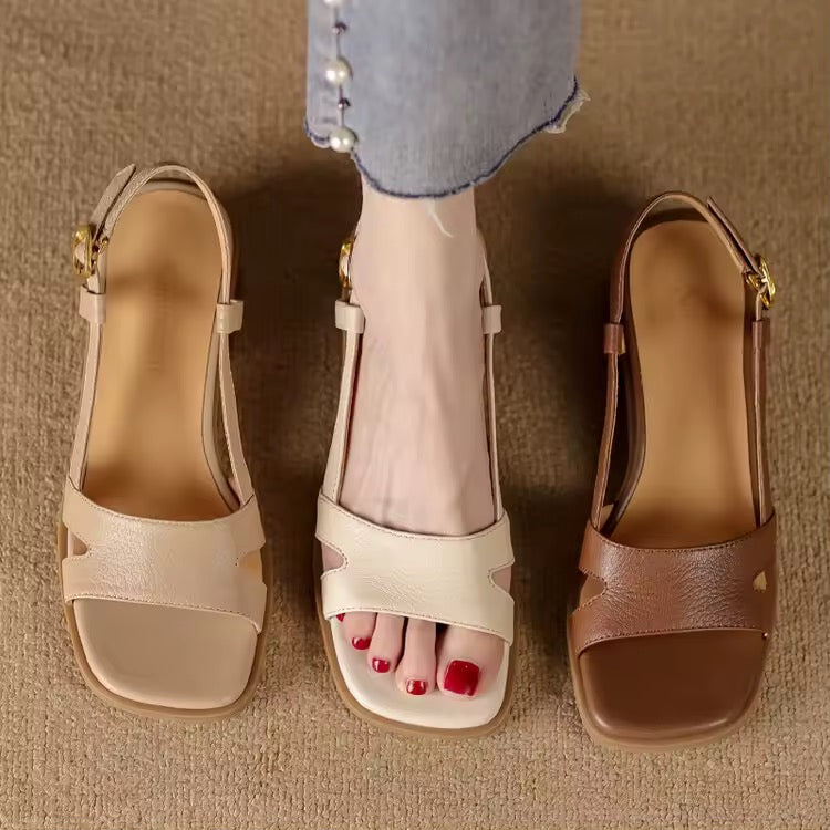 Paulina Cream-White Leather Strides Low-Block Sandals
