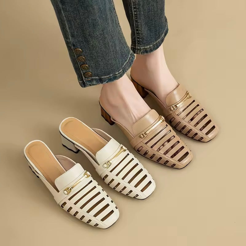 Mercy White Cut-Out Mid Height Block Heel Mules