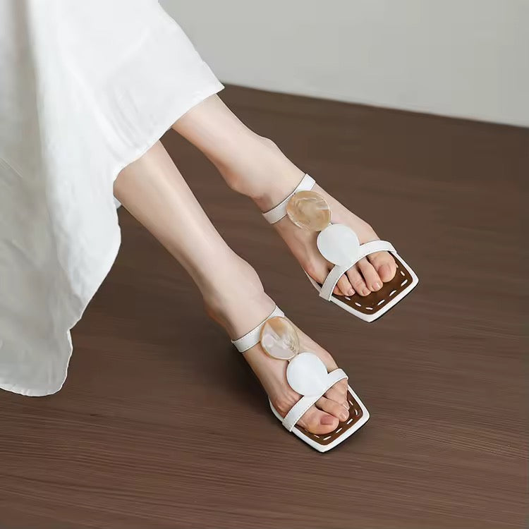 Roanna White Square Toe Marble Accent Heeled Sandals