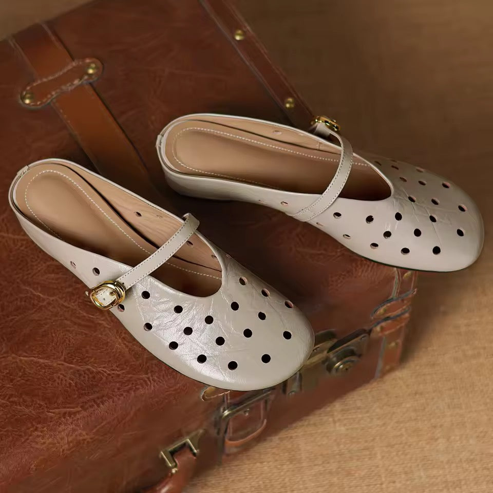 Vittoria Off-White Leather Perforated Buckle Strap Slip-On Mules