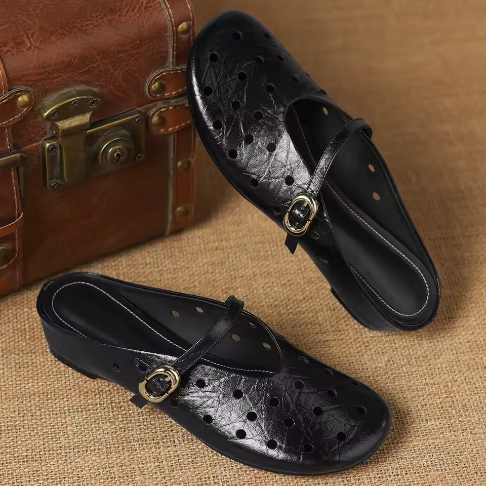 Vittoria Off-White Leather Perforated Buckle Strap Slip-On Mules