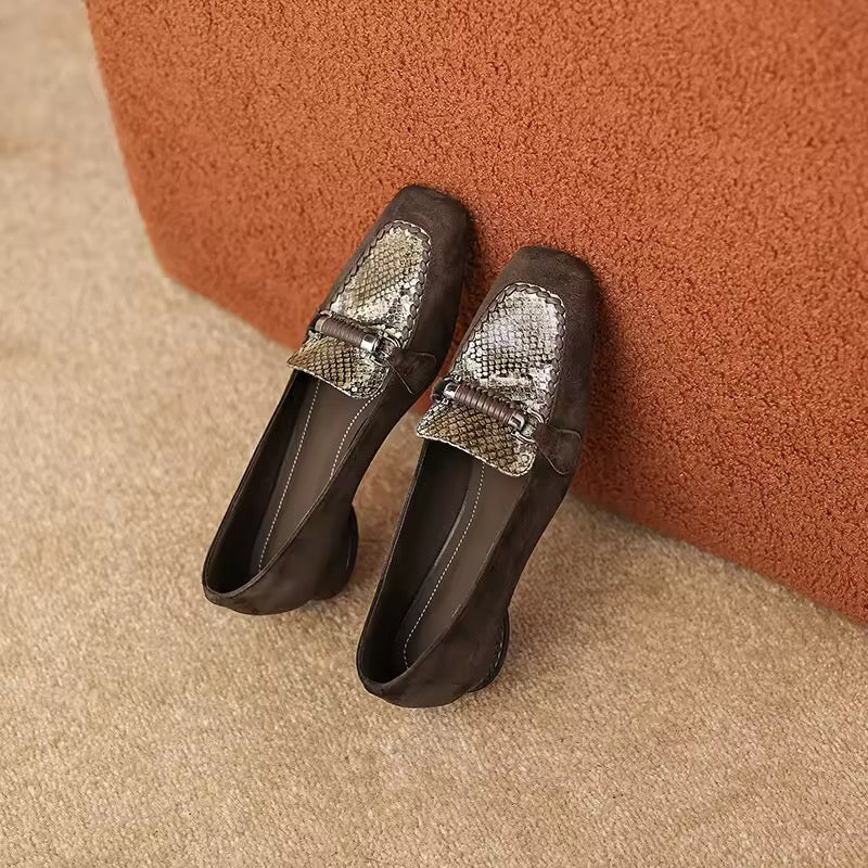 Arabella Brown Suede Low-Heeled Silver Animal Print Loafers