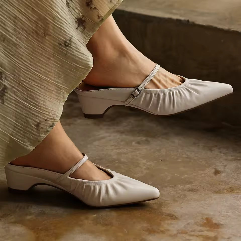 Jasmine Valerie Cream-White Leather Mary Jane Mules
