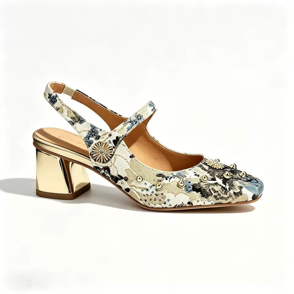 Tamia Blue Floral Mary Jane Block Heel Slingbacks