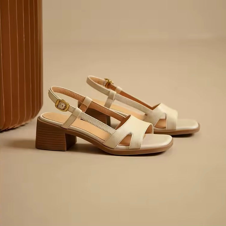 Paulina Cream-White Leather Strides Low-Block Sandals