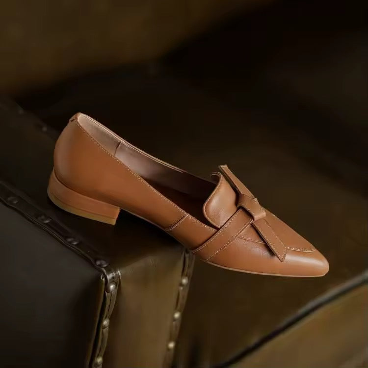 Saeda Cognac Pointed-Toe Block Heels Loafer