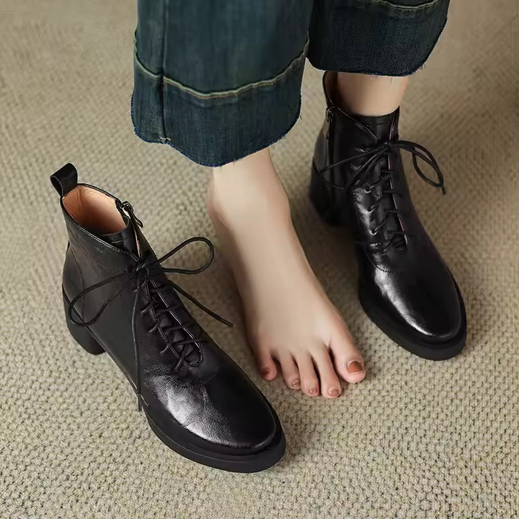 Roanna Black Leather Lace-Up Block Heel Ankle Boots