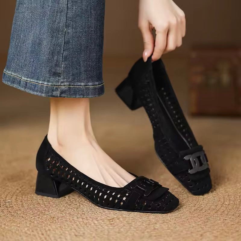 Isa Black Block Heel Perforated Suede Pumps