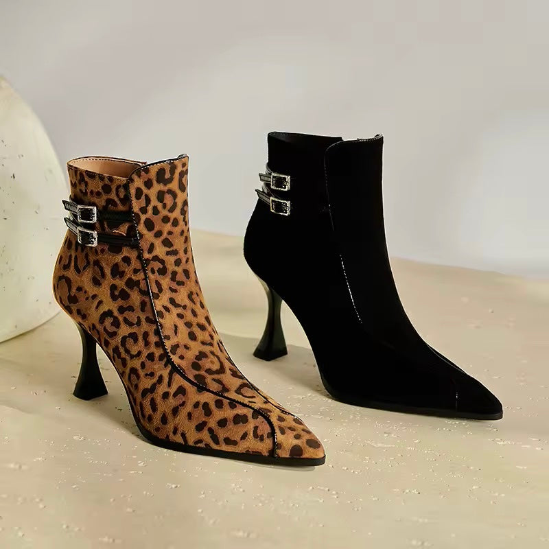 Celine Leopard-Print Flared Heel Leather Ankle Boots