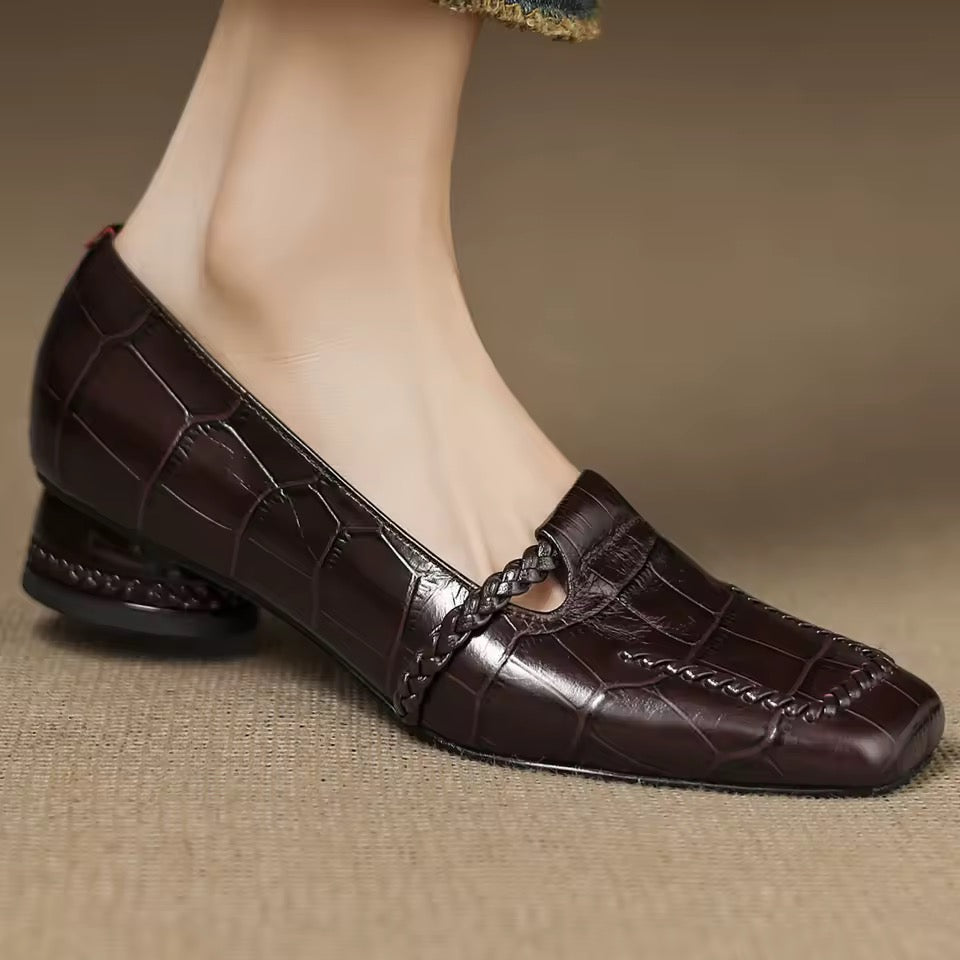 Dark Brown Croc-Embossed Braided Strap Loafers