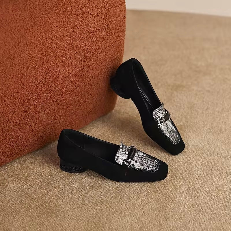 Arabella Black Suede Low-Heeled Silver Animal Print Loafers