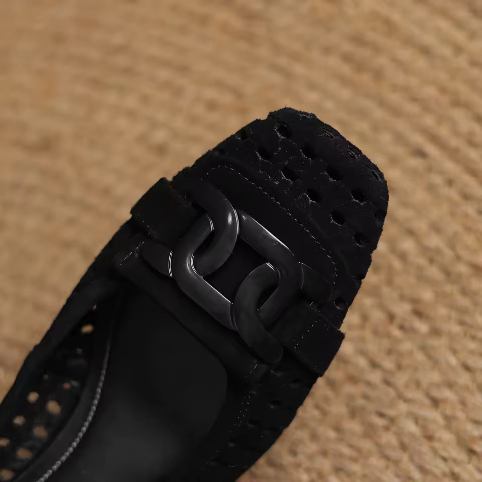 Isa Black Block Heel Perforated Suede Pumps