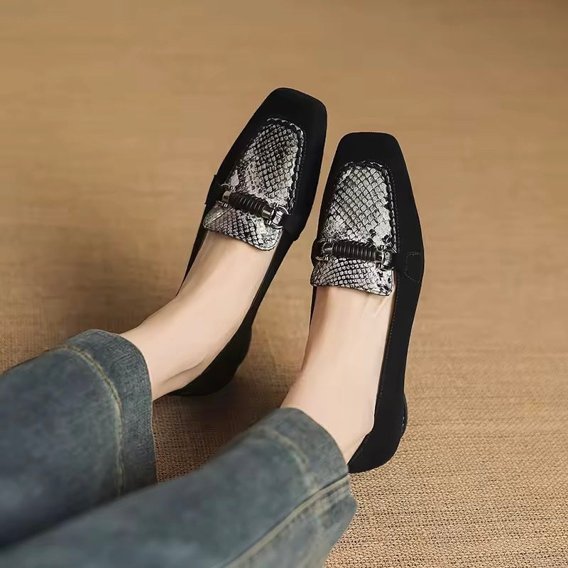 Arabella Black Suede Low-Heeled Silver Animal Print Loafers