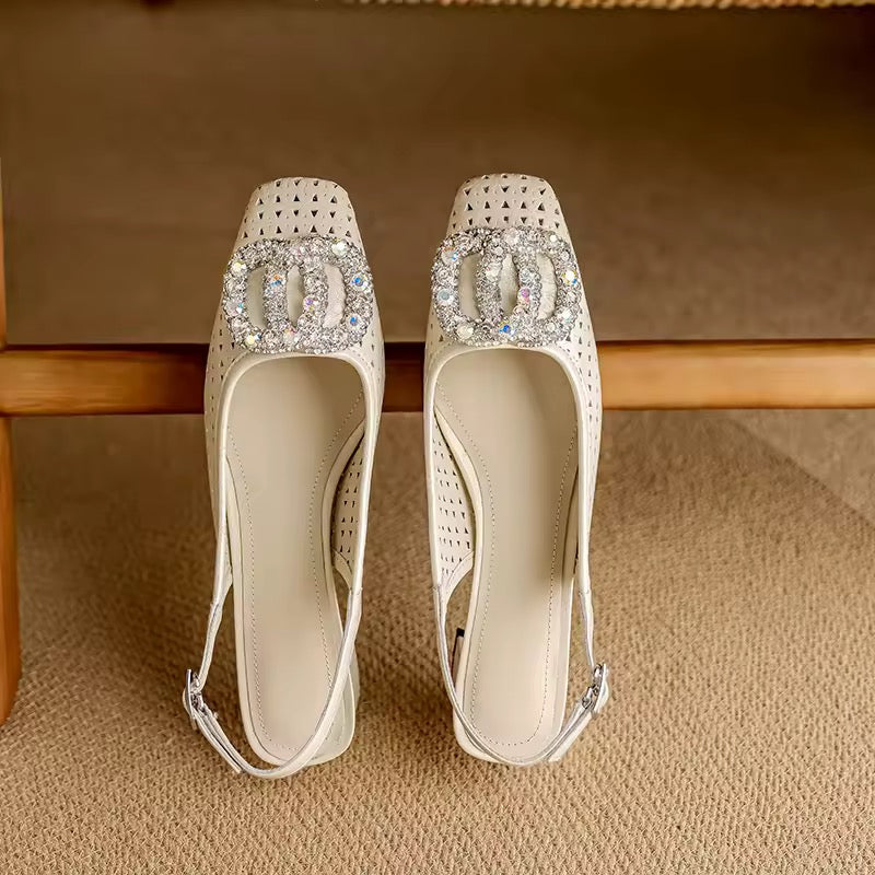 Amita Cream-White Perforated Crystal-Encrusted Slingback Sandals