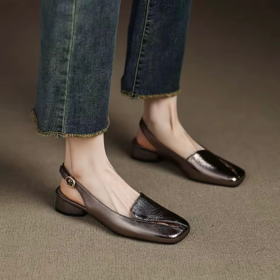 Auria Silver Gray Square Toe Split Vamp Slingback Sandals