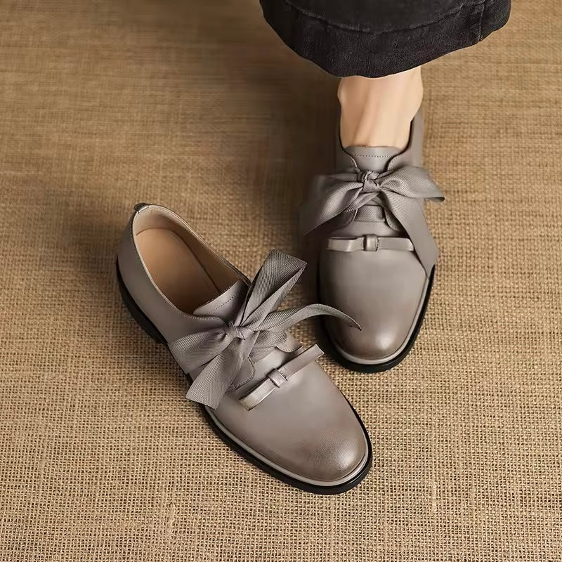 Tasha Grey Leather Ribbon Bow Accent Loafers