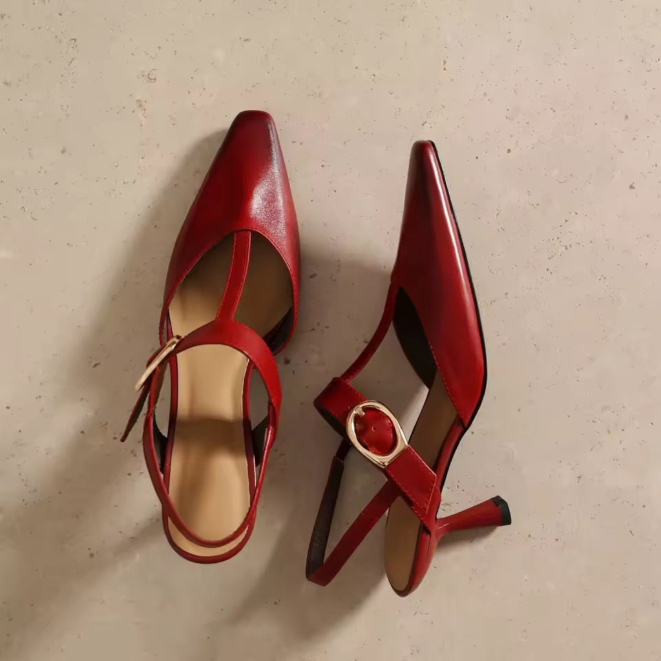 Jasmine Alsa Red Pointy Toe Stiletto T-Strap Shoes