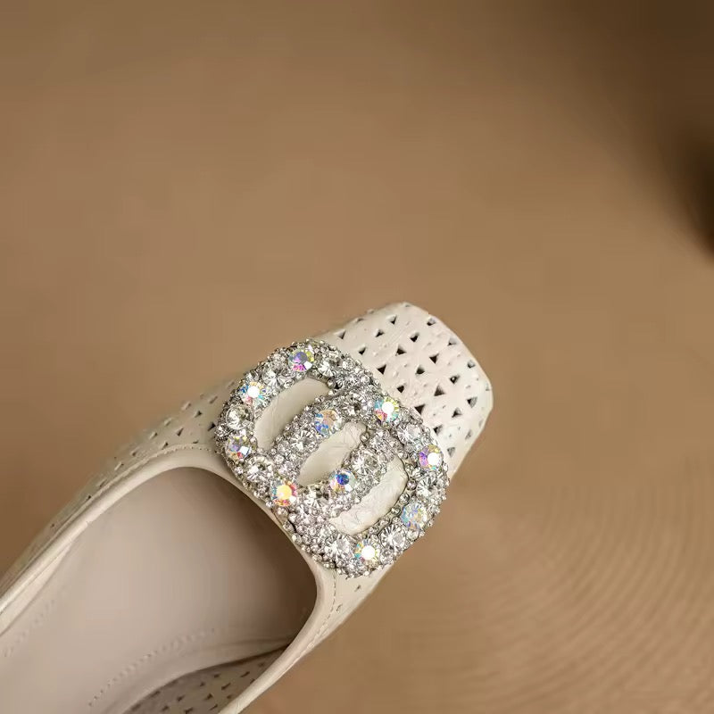 Amita Cream-White Perforated Crystal-Encrusted Slingback Sandals