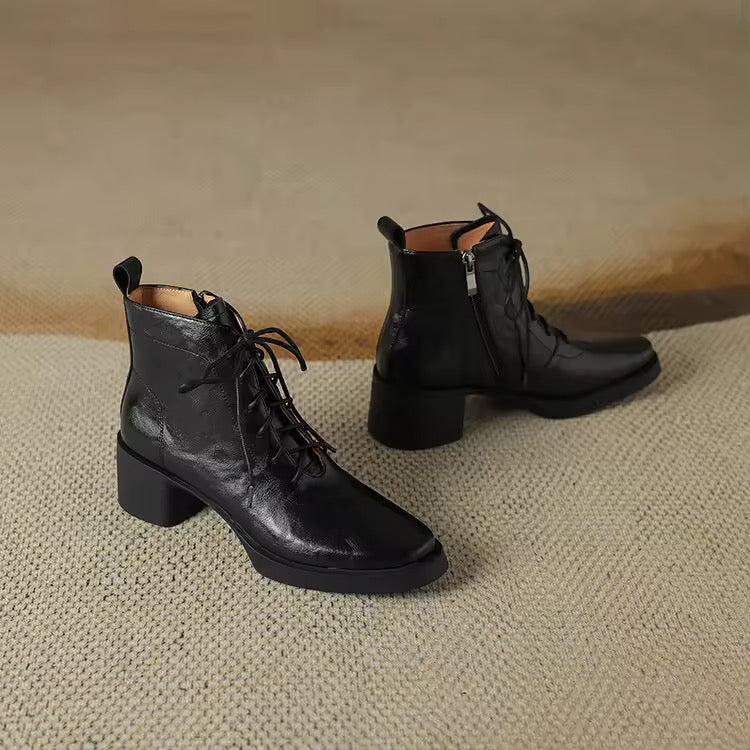 Roanna Black Leather Lace-Up Block Heel Ankle Boots
