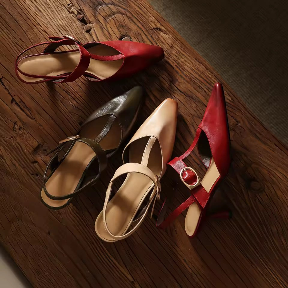 Jasmine Alsa Red Pointy Toe Stiletto T-Strap Shoes