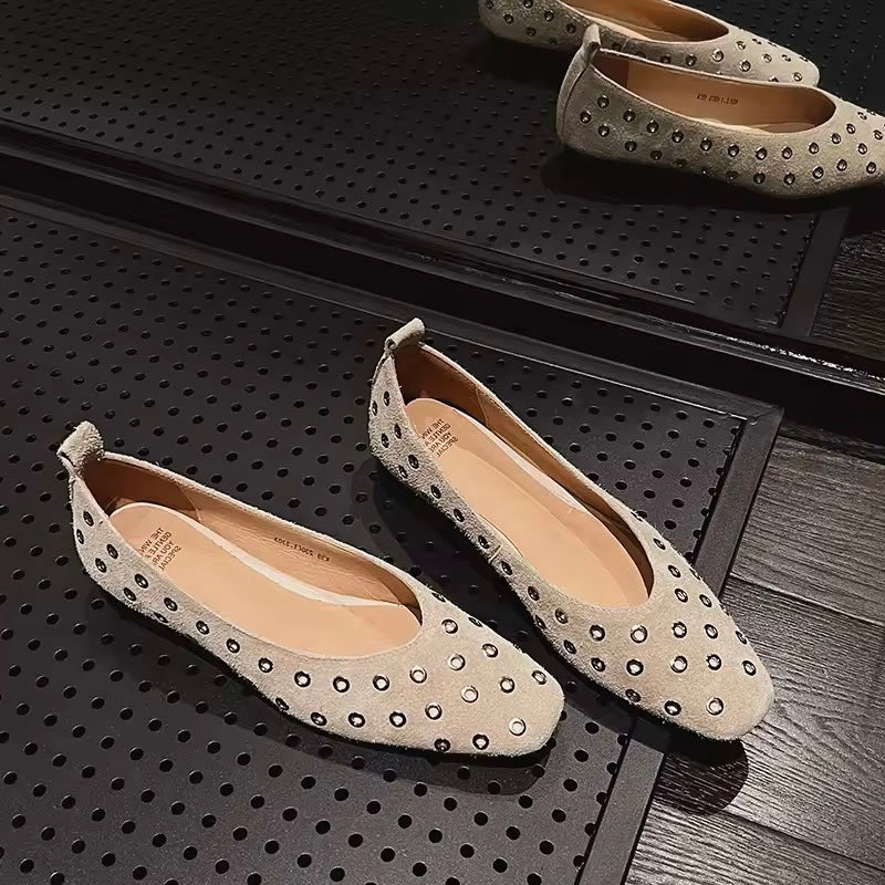 Chloe Beige Leather Grommet High Vamp Ballet Flats