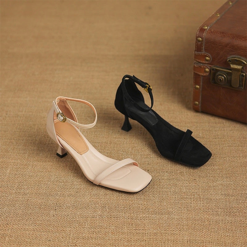 Ivy Black Suede Leather Square Toe Kitten Heel Sandals