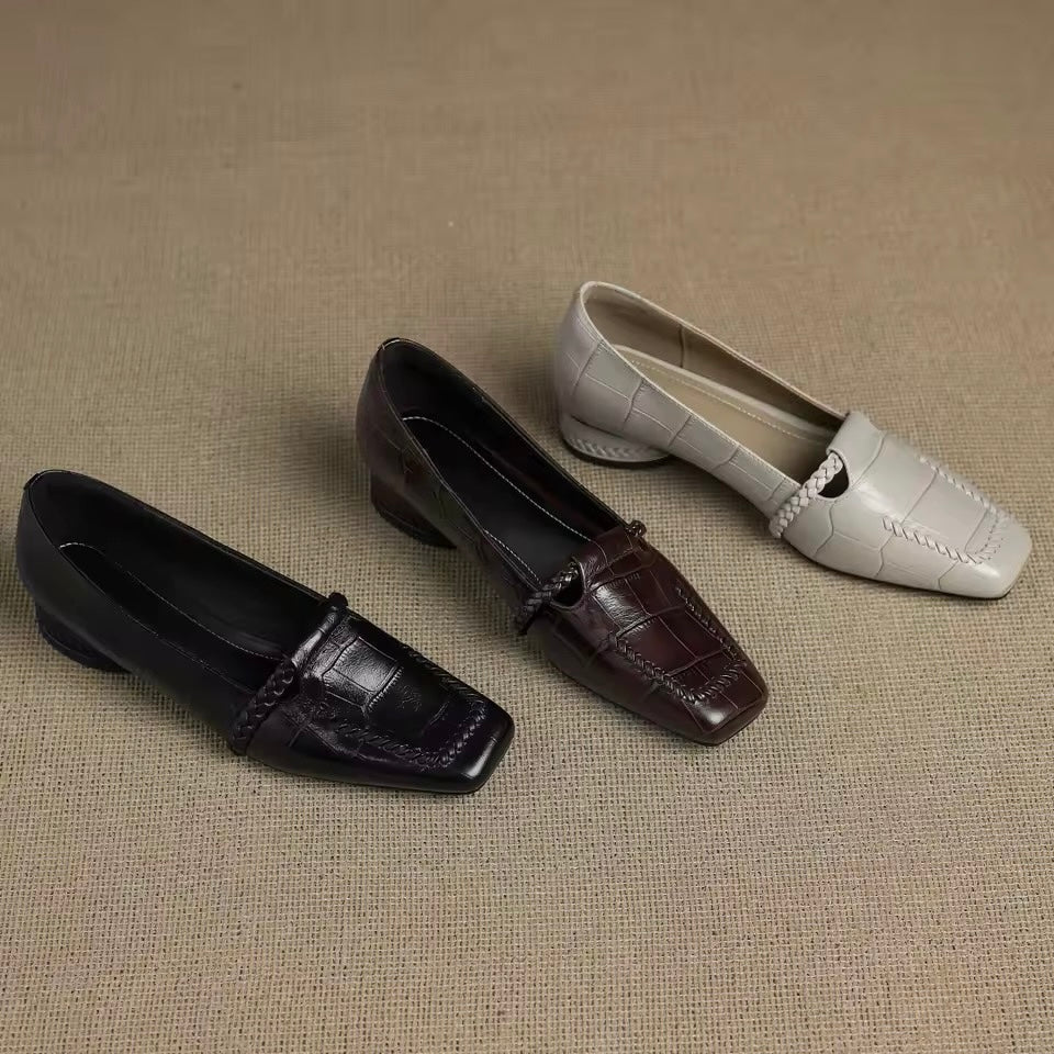 Dark Brown Croc-Embossed Braided Strap Loafers