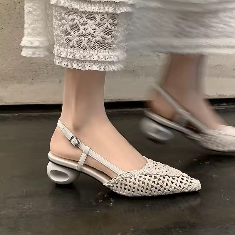 Tracy White Woven Pointy-Toe Slingback