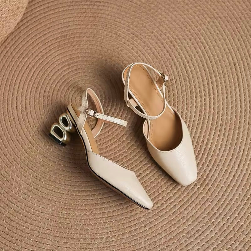 Freya Off-White Leather Sculptural Heel Slingback Sandals