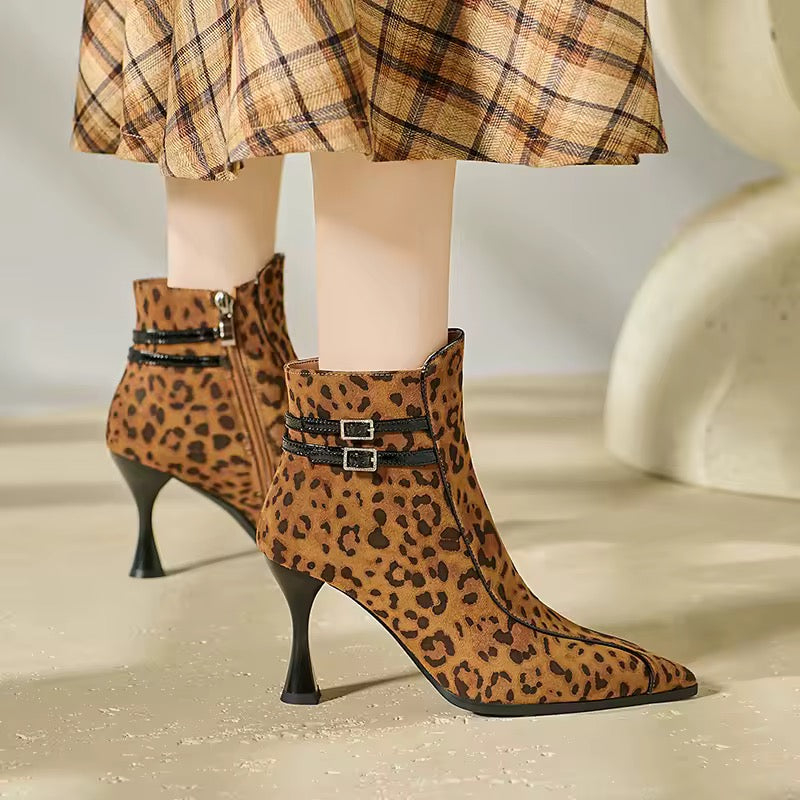 Celine Leopard-Print Flared Heel Leather Ankle Boots