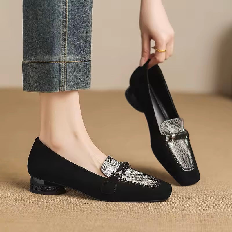 Arabella Black Suede Low-Heeled Silver Animal Print Loafers