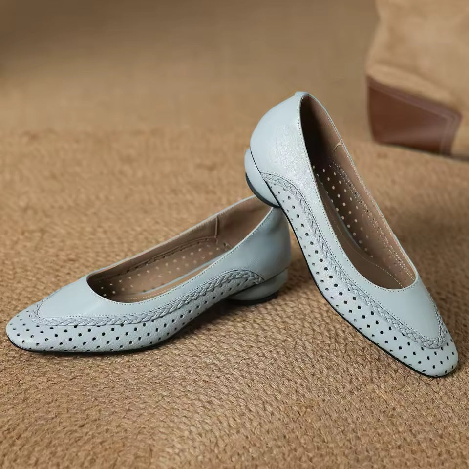 Alice Blue Leather Braided Trim Chunky Low Heel Pumps