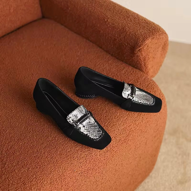 Arabella Black Suede Low-Heeled Silver Animal Print Loafers