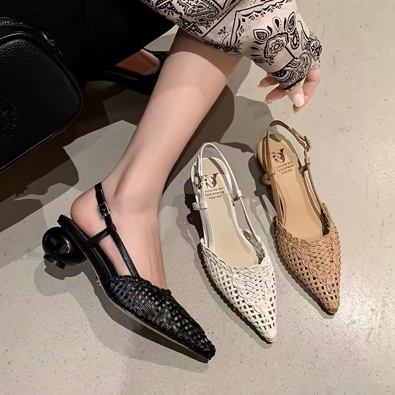 Tracy White Woven Pointy-Toe Slingback