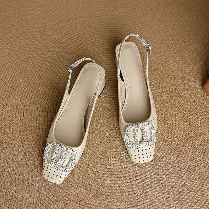 Amita Cream-White Perforated Crystal-Encrusted Slingback Sandals