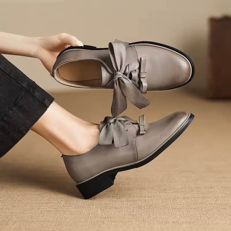 Tasha Grey Leather Ribbon Bow Accent Loafers