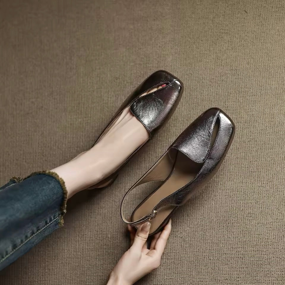 Auria Silver Gray Square Toe Split Vamp Slingback Sandals