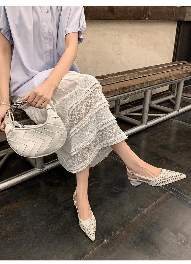 Tracy White Woven Pointy-Toe Slingback